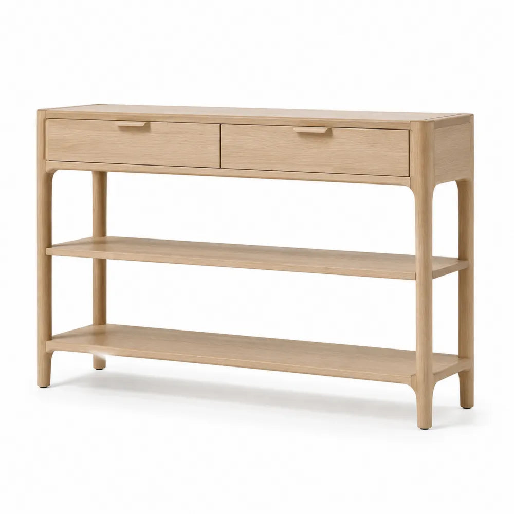 Konsolentisch 120 x 35 x 80 cm MDF Holzwerkstoff Eiche hell rechteckig 2 Schubladen 2 offene Ablagefächer Naturholz
