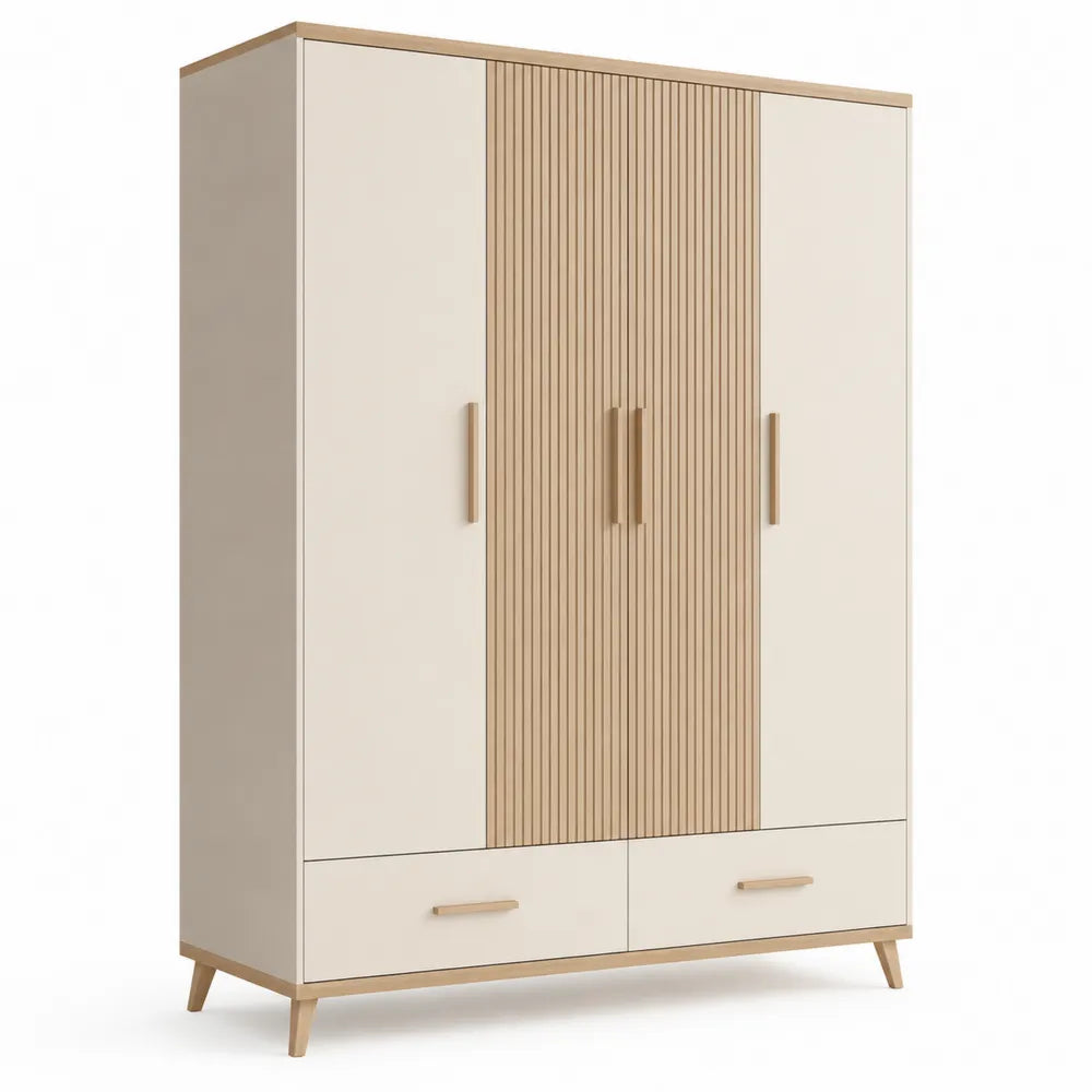 Kleiderschrank 3-türig 120 x 50 x 180 cm mit 2 Schubladen MDF Holzwerkstoff Lamellenfront Eiche Beige rechteckig Holzfüße