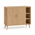 Sideboard 120 x 35 x 85 cm MDF Eichenfurnier Lamellentüren 2 Türen 3 offene Fächer Naturholz rechteckig Goldgriffe