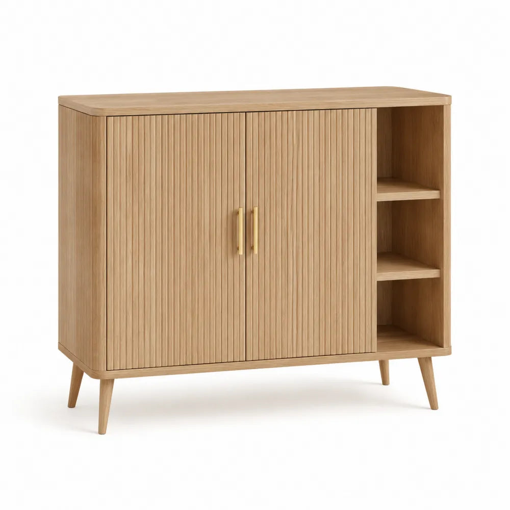 Sideboard 120 x 35 x 85 cm MDF Eichenfurnier Lamellentüren 2 Türen 3 offene Fächer Naturholz rechteckig Goldgriffe