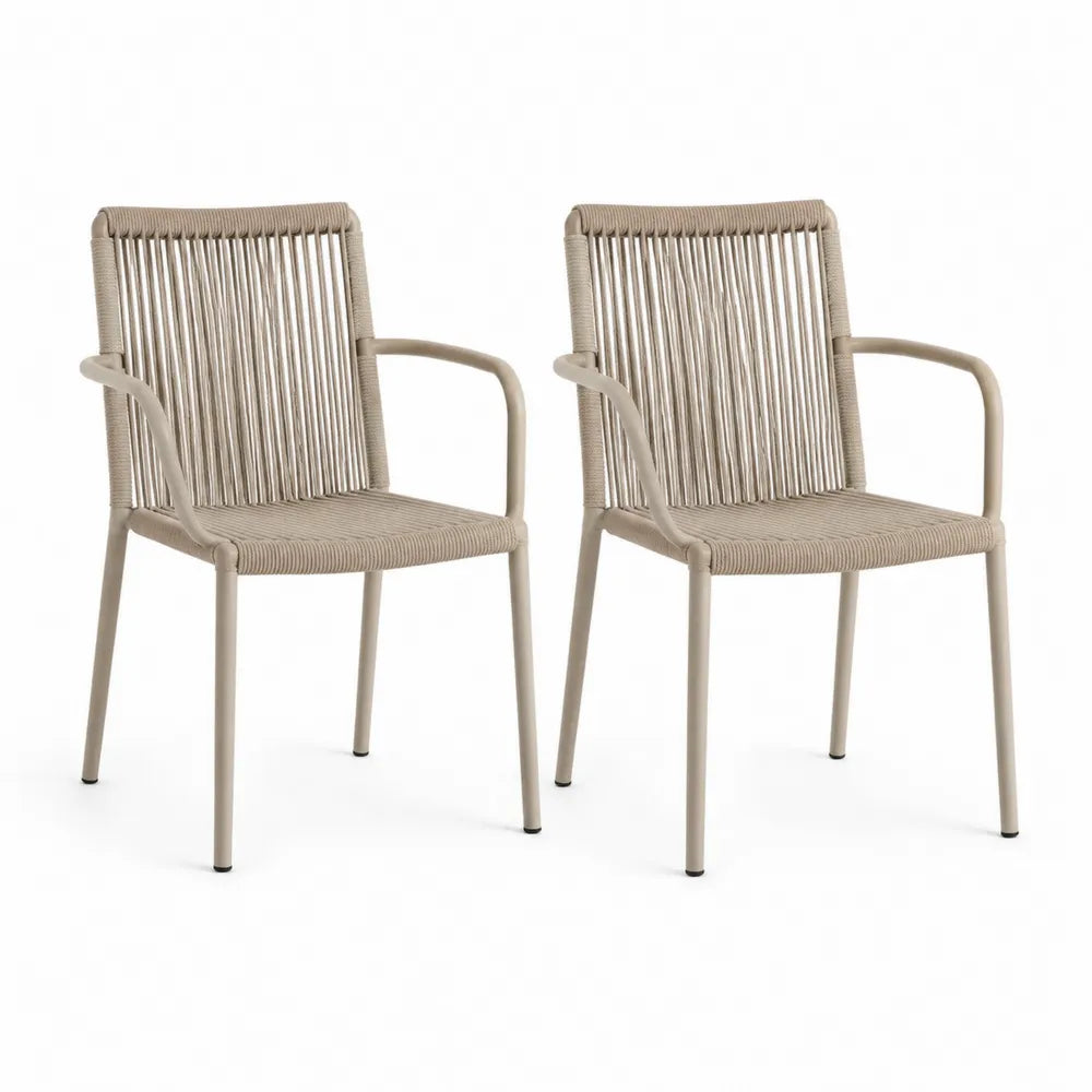 Gartenstühle 2er Set mit Armlehnen Seilgeflecht Stahlrahmen Beige 56 x 60 x 85 cm Outdoor