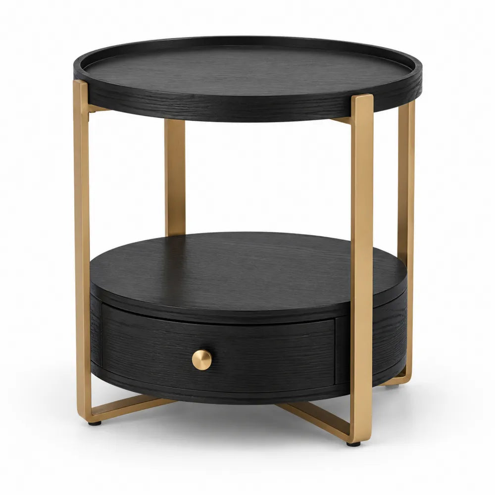 Beistelltisch rund mit Schublade und Ablage MDF Holzwerkstoff Schwarz Gold Metallgestell 50 x 50 x 55 cm