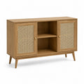 Sideboard Aufbewahrungsschrank Naturholz Eichenoptik MDF Rattan Türen Holzbeine 120 x 35 x 80 cm