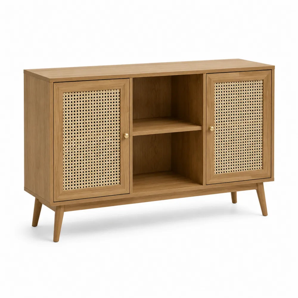 Sideboard Aufbewahrungsschrank Naturholz Eichenoptik MDF Rattan Türen Holzbeine 120 x 35 x 80 cm