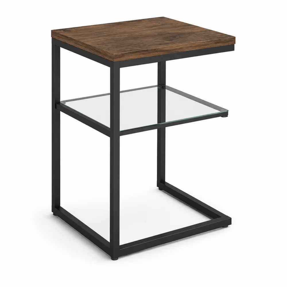 Beistelltisch C Form 45 x 35 x 60 cm Walnussoptik Schwarz Metallrahmen Glasablage Rechteckig MDF