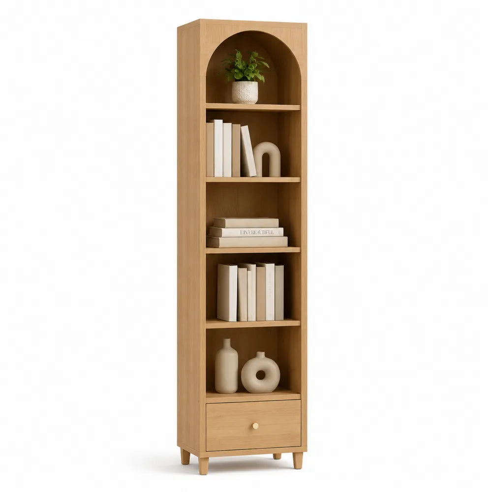 Bücherregal 40 x 30 x 180 cm MDF Spanplatte Naturholz offenes Regal mit Bogenoberteil und 1 Schublade rechteckig