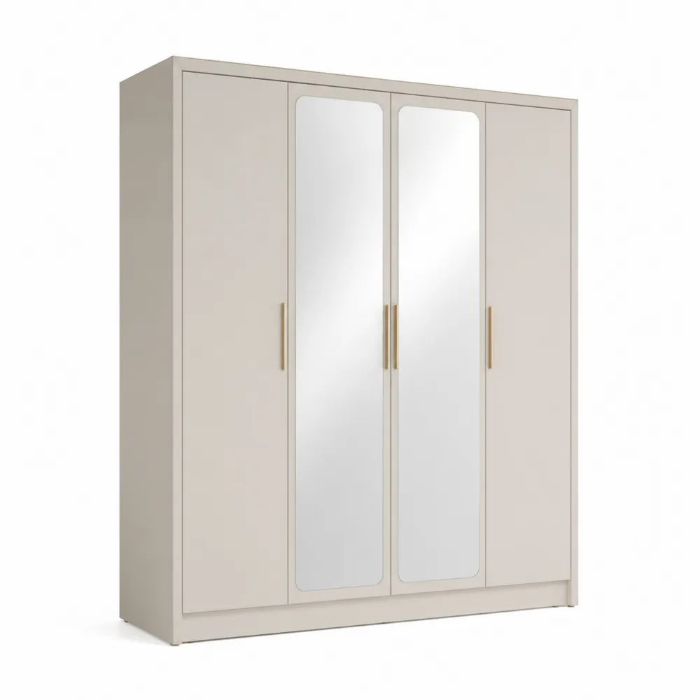 Kleiderschrank 4-türig 200 x 200 x 60 cm MDF Beige Spiegeltüren Goldgriffe rechteckig