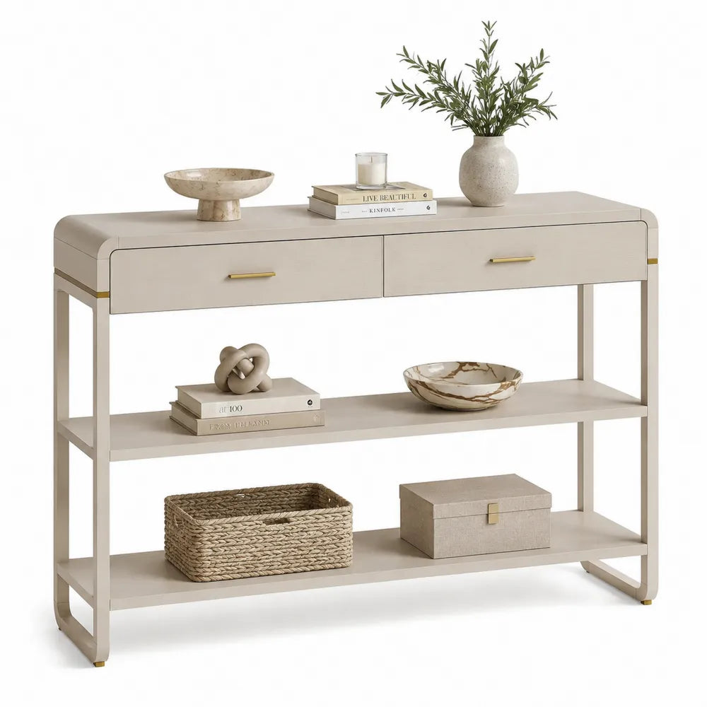 Konsolentisch 120 x 35 x 80 cm MDF Holzwerkstoff Beige Metallgestell rechteckig 2 Schubladen offene Ablageflächen Goldakzente