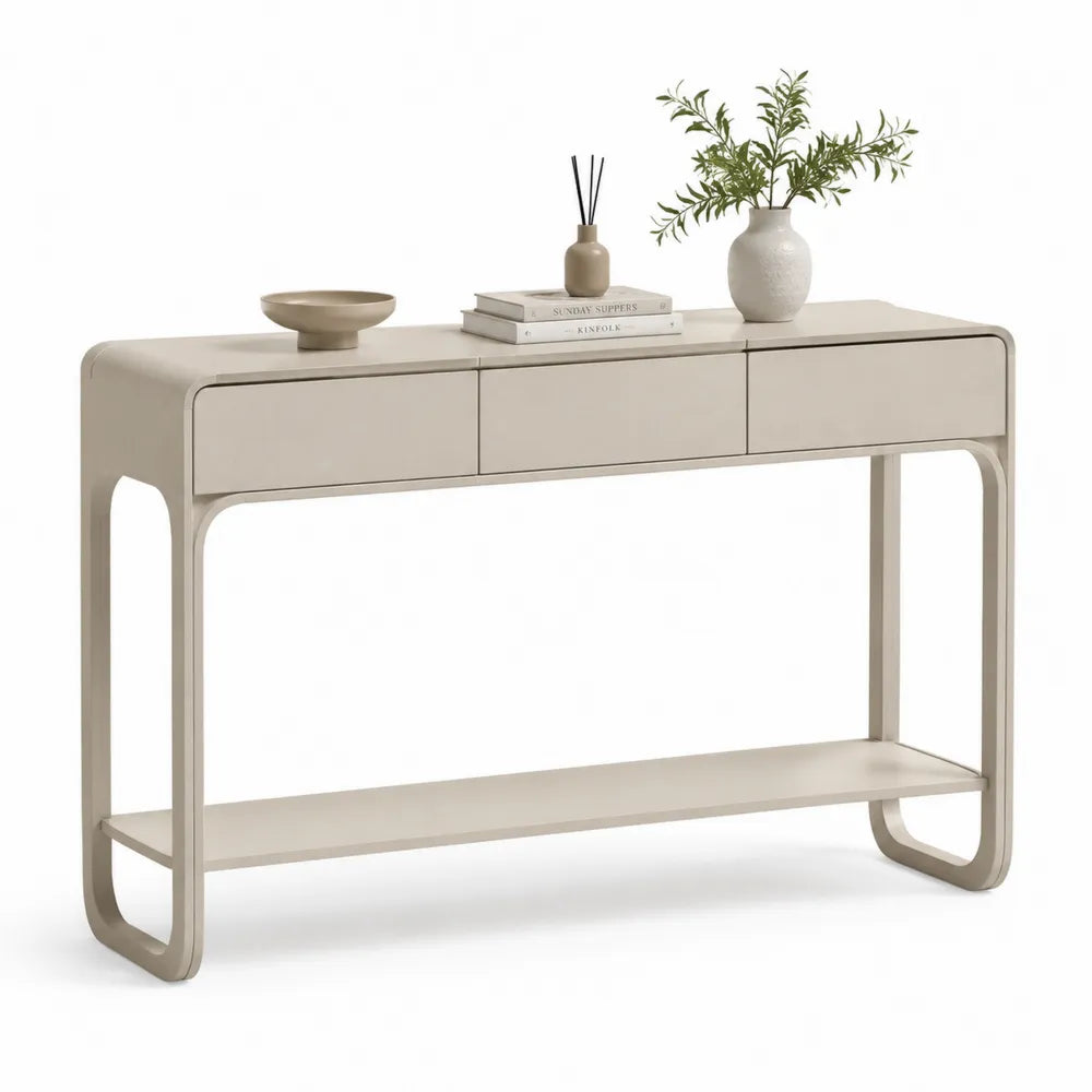 Konsolentisch 120 x 35 x 80 cm Greige Rechteckig MDF Metallrahmen mit 3 Schubladen und Ablageboden