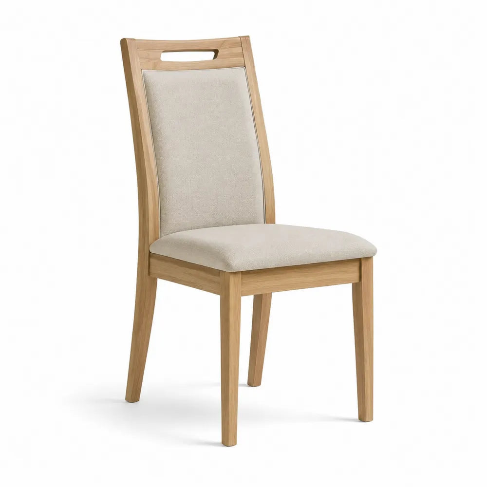 Esszimmerstuhl 45 cm x 52 cm x 95 cm Eichenholzgestell Polyesterbezug Beige mit Rückenlehne und Grifföffnung Naturholz