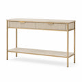 Konsolentisch 120 x 30 x 80 cm MDF lackiert Beige mit 2 Schubladen und Ablageboden rechteckig Metallgestell Goldfarben