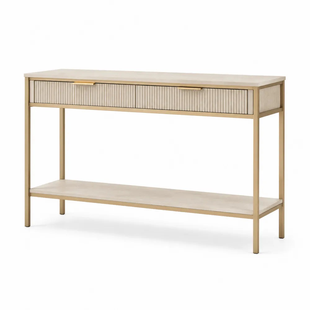 Konsolentisch 120 x 30 x 80 cm MDF lackiert Beige mit 2 Schubladen und Ablageboden rechteckig Metallgestell Goldfarben