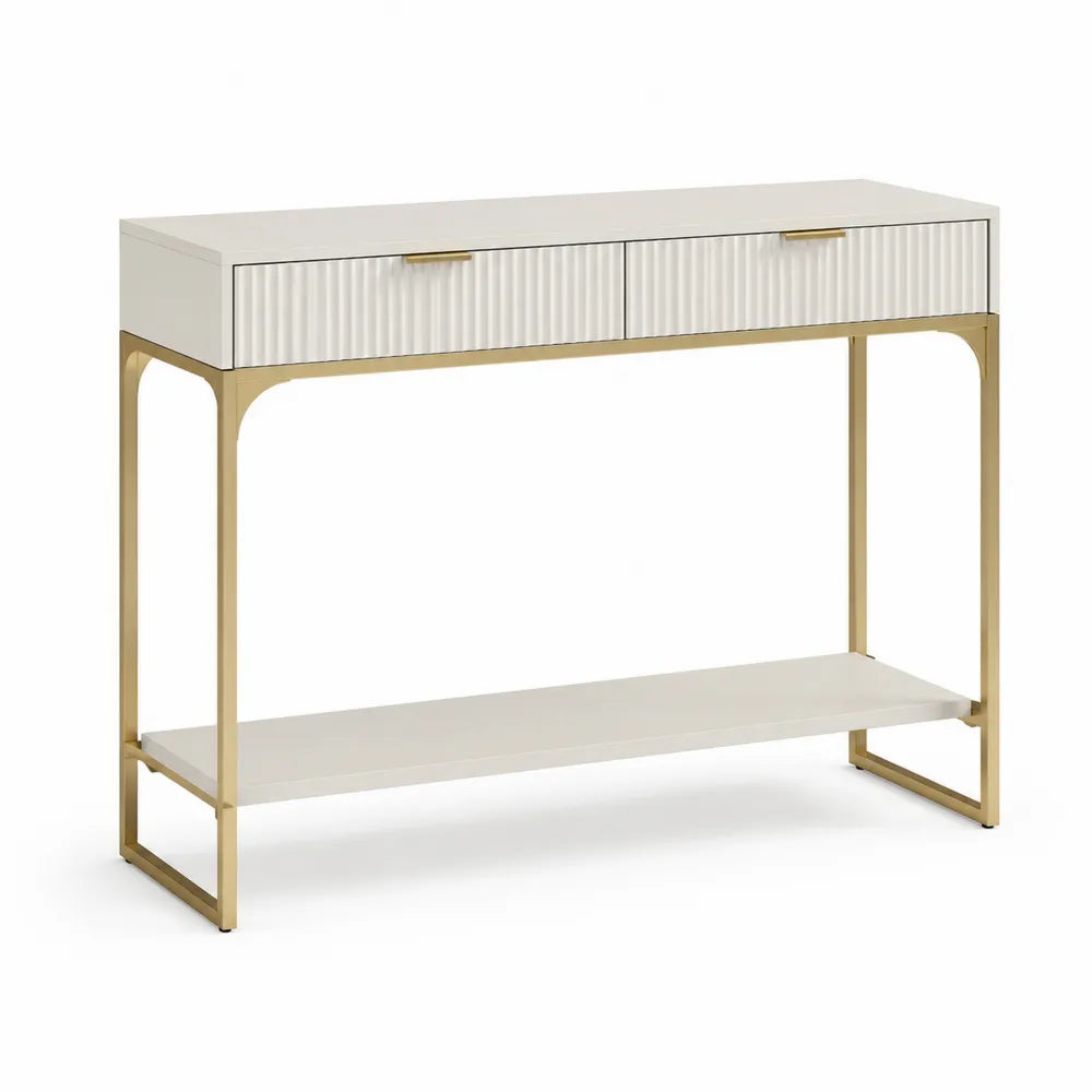 Konsolentisch 120 cm x 35 cm x 80 cm Rechteckig MDF Beige Weiß Gold Metallgestell mit 2 Schubladen und Ablageboden