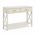 Konsolentisch 120 x 40 x 80 cm MDF Holzwerkstoff Beige rechteckig 2 Schubladen offene Ablage X Seitenstreben Goldgriffe