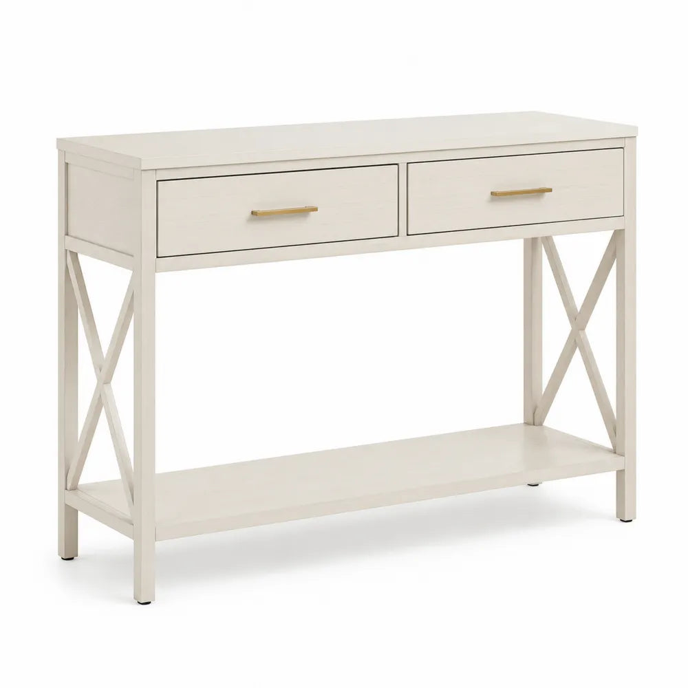 Konsolentisch 120 x 40 x 80 cm MDF Holzwerkstoff Beige rechteckig 2 Schubladen offene Ablage X Seitenstreben Goldgriffe